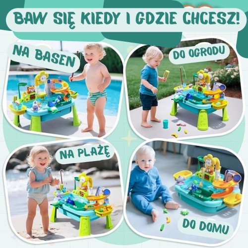 Boczny widok na stolik wodny WOOPIE z szerokimi nogami i zjeżdżalnią wodną