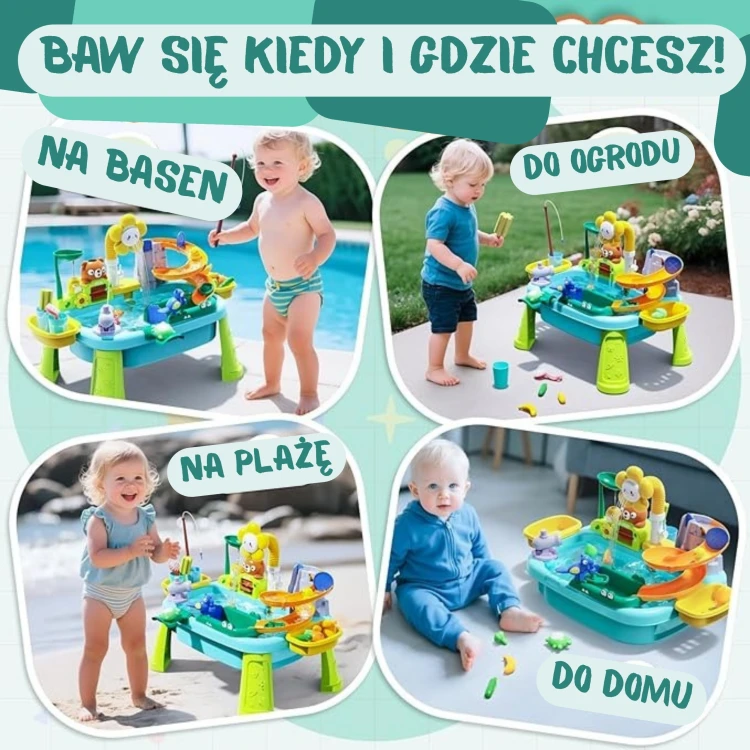 Boczny widok na stolik wodny WOOPIE z szerokimi nogami i zjeżdżalnią wodną