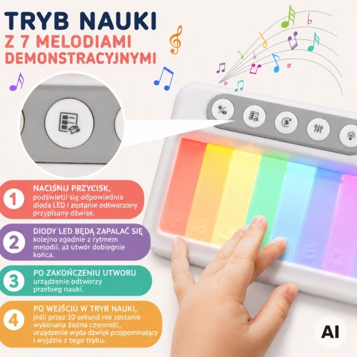 Pianinko WOOPIE widok z boku z aktywnym podświetleniem i przyciskami funkcyjnymi