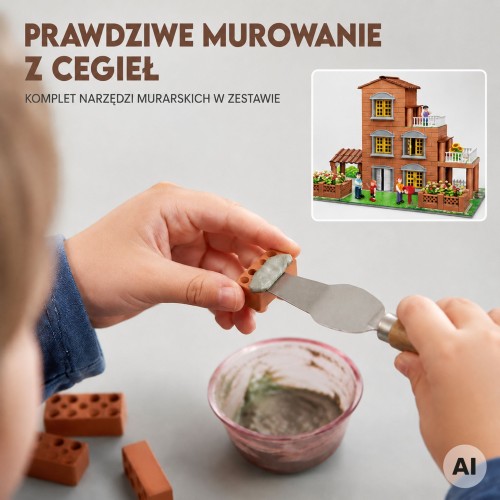 Widok z bliska na różnorodne cegły, okna i figurki w zestawie WOOPIE Willa
