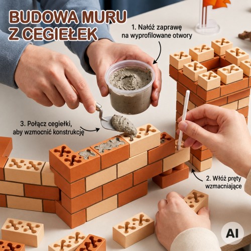 Narzedzia murarskie i figurki rycerzy w zestawie konstrukcyjnym WOOPIE