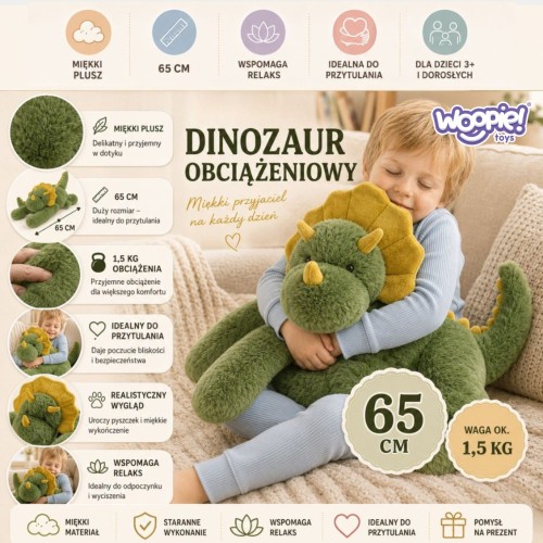 Boczny widok pluszaka obciążeniowego WOOPIE, pokazujący kształt i miejsce rozmieszczenia wypełnienia oraz bezpieczny wygląd dla dzieci od 3 lat