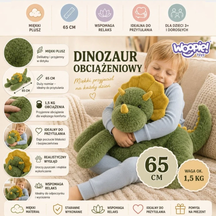 Boczny widok pluszaka obciążeniowego WOOPIE, pokazujący kształt i miejsce rozmieszczenia wypełnienia oraz bezpieczny wygląd dla dzieci od 3 lat