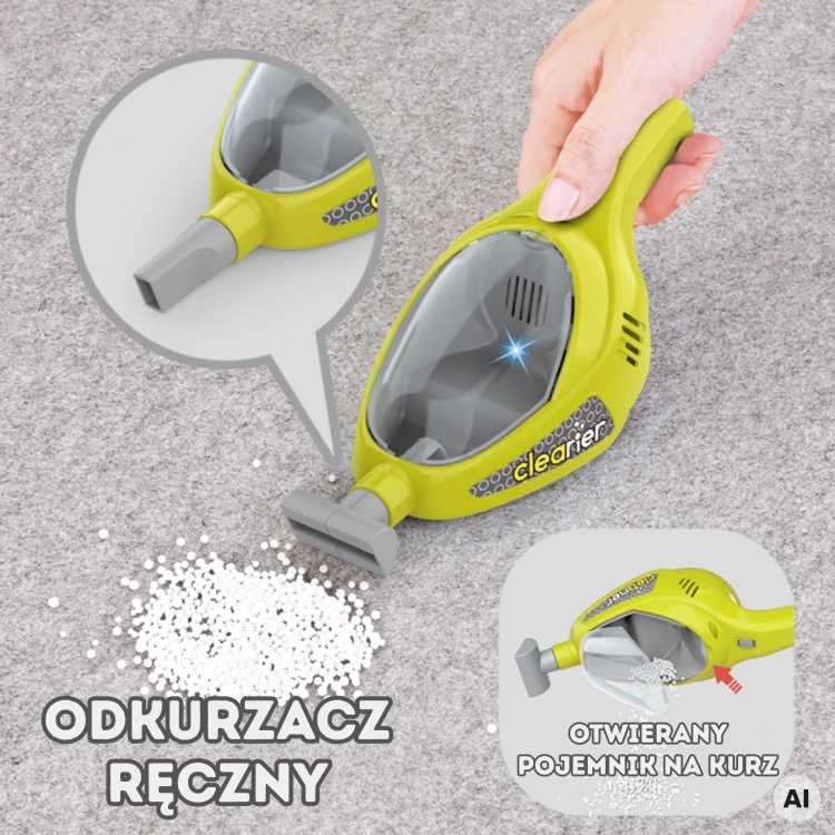 Mop płaski i miotła z zestawu WOOPIE do sprzątania w kolorowej aranżacji