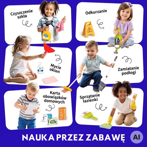 Widok z boku na mobilny wózek do sprzątania WOOPIE z 22 elementami