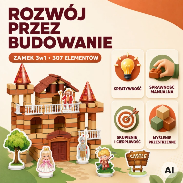 Widok elementów zestawu Zamek z Cegiełek 3w1 WOOPIE - figurki i cegiełki