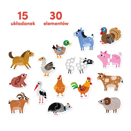 Dwuelementowe puzzle do pary Zwierzątka na wsi CZUCZU z ilustracjami Agnieszki Malarczyk