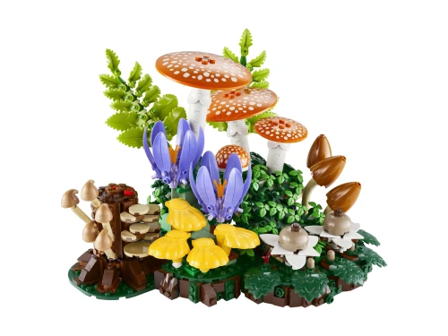 Szczegółowy widok kolorowych muchomorów i liści paproci w zestawie LEGO Botanicals Grzyby leśne 11505