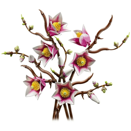 Zbliżenie na szczegóły pięciu gałązek magnolii w zestawie LEGO Botanicals 11510
