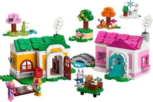 Minifigurki Stitches, Fuchsia i Fang oraz dwa domy LEGO Animal Crossing 77057 widok z boku