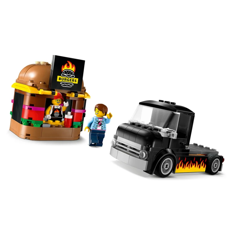 Widok minifigurek i detali LEGO City Ciężarówka z burgerami 60404
