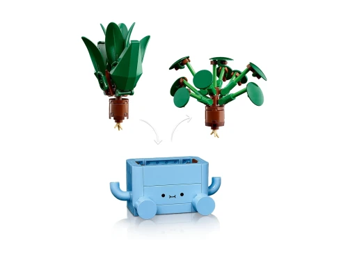 Modele draceny i pilei z zestawu LEGO Botanicals Wesołe roślinki 10349 w żółtej i niebieskiej doniczce