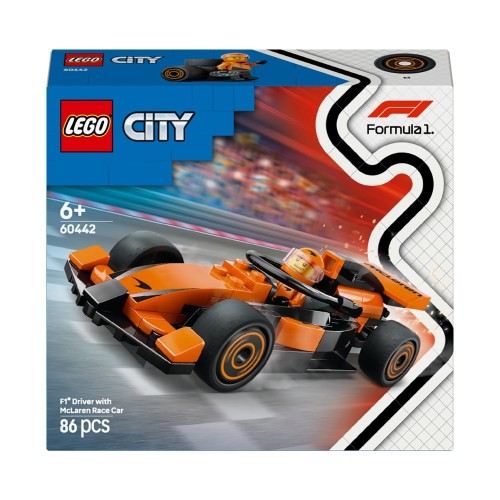 LEGO City F1 Kierowca i bolid McLaren 60442 – dynamiczny model bolidu Formuły 1 z minifigurką kierowcy zespołu McLaren