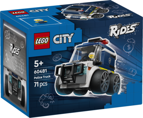 Model LEGO City Ciężarówka policyjna 60481 z minifigurką małego policjanta w dynamicznej scenie zabawy