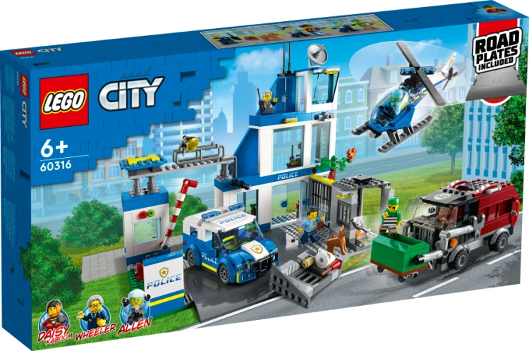 Zestaw LEGO City Posterunek policji 60316 z helikopterem i radiowozem podczas akcji pościgowej