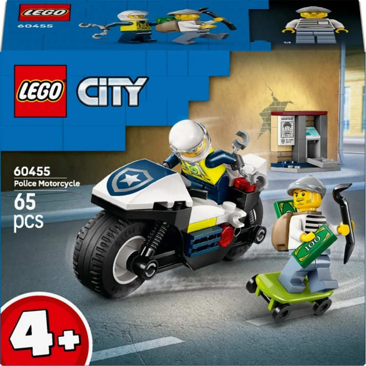 Zestaw LEGO City Pościg na motocyklu policyjnym 60455 z widokiem na motocykl i otwierany minibankomat