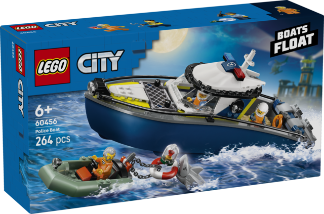 Zestaw LEGO City Pościg łodzią policyjną z łodzią patrolową i pontonem złodziejaszka w dynamicznej scenerii