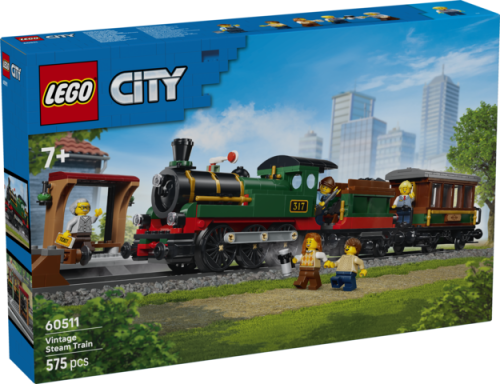 LEGO City Retro pociąg z lokomotywą parową 60511 – model z peronem i wagonem pasażerskim w widoku z boku
