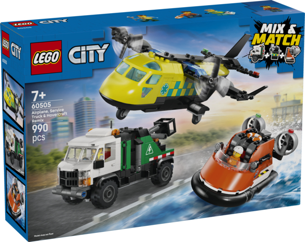 Zestaw LEGO City 60505 z samolotem, ciężarówką i poduszkowcem ratunkowym w dynamicznej aranżacji