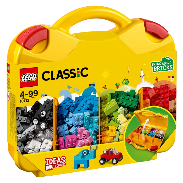 Zestaw LEGO Classic kreatywna walizka 10713 z kolorowymi klockami LEGO ułożonymi w żółtej walizce z przegródkami