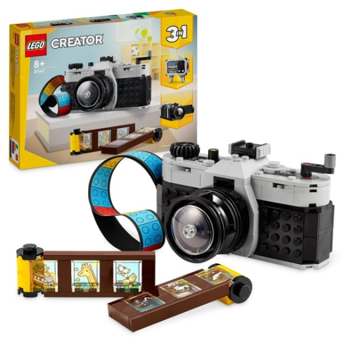 Zestaw LEGO Creator 3w1 Aparat w stylu retro 31147 przedstawiający klasyczny aparat i elementy konstrukcyjne