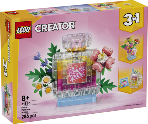 LEGO Creator 3w1 Flakon Perfum z kwiatową ozdobą 31383 - widok zestawu z klockami i detalami konstrukcyjnymi