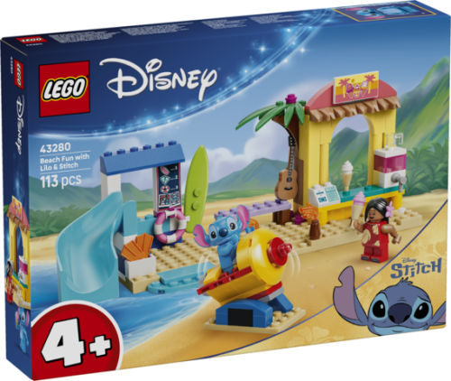 Zestaw LEGO Disney Zabawa na plaży z Lilo i Stitchem 43280 przedstawiający kolorowe elementy plażowe i figurki postaci