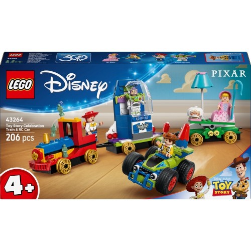 Zestaw LEGO Disney Toy Story Okolicznościowy pociąg i Pan Sterowany 43264 z widocznymi elementami i czterema postaciami
