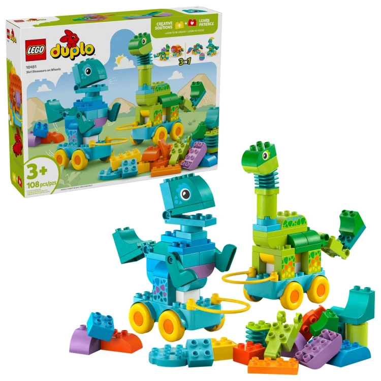 Zestaw LEGO Duplo 3w1 Dinozaury na kółkach 10451 z ruchomymi elementami i 108 kolorowymi klockami