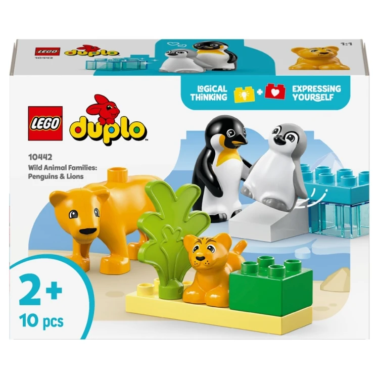 Zestaw LEGO Duplo Town Rodziny dzikich zwierząt z pingwinami i lwami 10442 w naturalnej scenerii