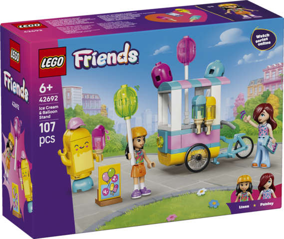 Zestaw LEGO Friends Stoisko z lodami i balonami 42692 z rowerem i minilaleczkami w akcji