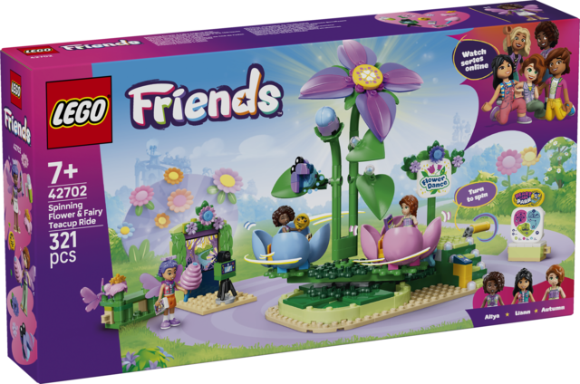 LEGO Friends Wróżkowa Karuzela z kwiatami 42702 — widok zestawu z karuzelą i minilaleczkami