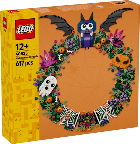 LEGO ICONIC Wieniec na Halloween 40825 z dużym nietoperzem i dyniami w halloweenowej kolorystyce