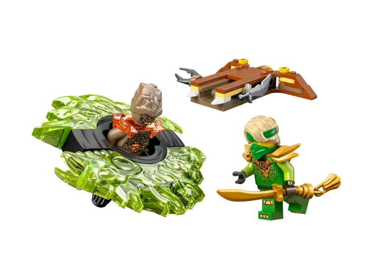 Minifigurki Lloyd i ziemny potwór z zestawu LEGO Ninjago 71850 na spinnerze w dynamicznej pozie
