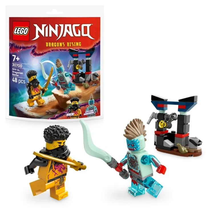 Minifigurki Arina i przeciwnika ze Spektralnych Dragonów w zestawie LEGO NINJAGO 30700, widok z boku