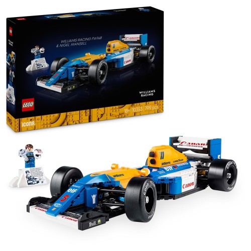 Zbliżenie na detale bolidu LEGO Icons Williams Racing FW14B i minifigurkę Nigela Mansella 10353