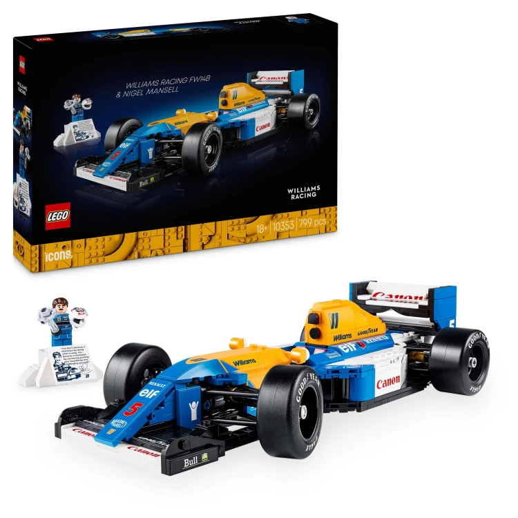 Zbliżenie na detale bolidu LEGO Icons Williams Racing FW14B i minifigurkę Nigela Mansella 10353