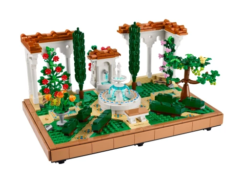 Widok z góry na LEGO Icons Fontanna w ogrodzie 10359 z pergolami i roślinami