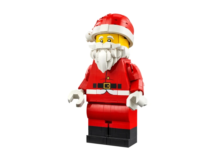 Zbliżenie na detale powiększonej minifigurki Świętego Mikołaja LEGO 40820