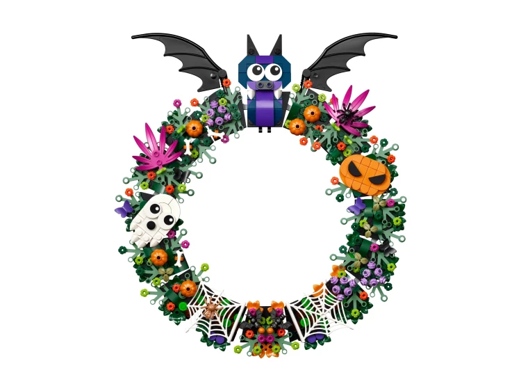 Zbliżenie na ducha i pajęczynę w zestawie LEGO ICONIC Wieniec na Halloween 40825