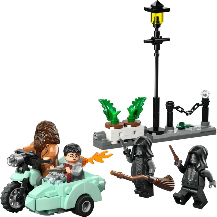 Zestaw LEGO Harry Potter 76459 – detal motocykla Hagrida z bocznym koszem oraz fragment ulicy Privet Drive