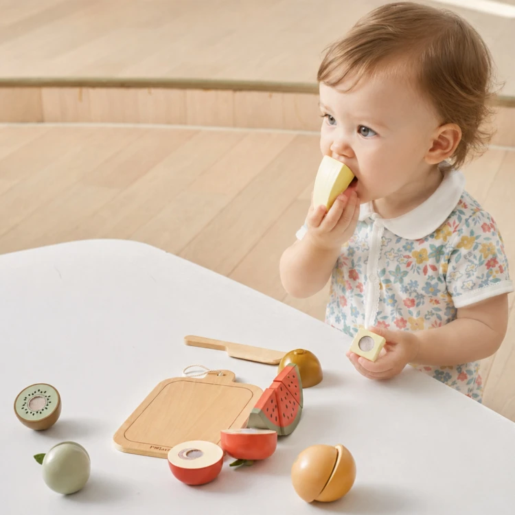 Zbliżenie na jabłko z zestawu drewnianych owoców do krojenia Viga Toys z linii PolarB