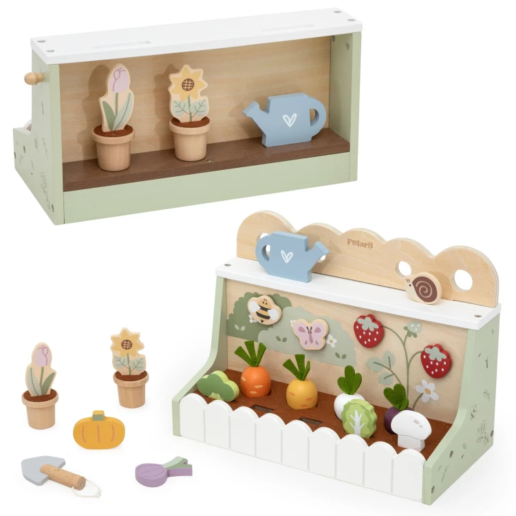 Przechowywanie narzędzi i doniczek w praktycznym schowku drewnianego ogródka dla dzieci