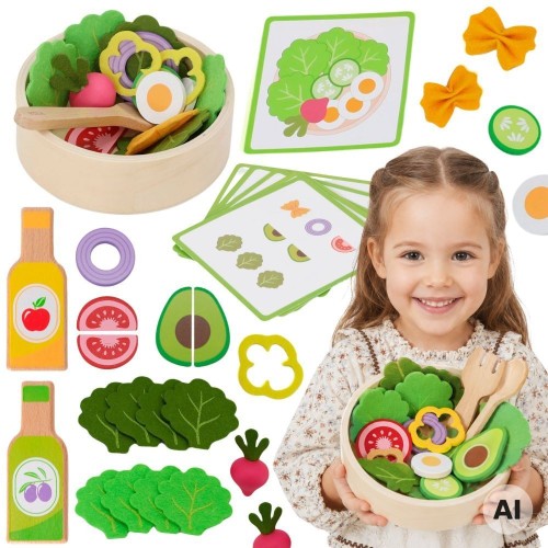 Drewniany zestaw do robienia sałatek VIGA Toys z wieloma kolorowymi elementami i akcesoriami