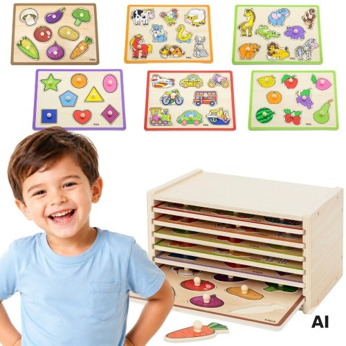 Zestaw drewnianych puzzli Viga Toys z uchwytami i półką do przechowywania dla dzieci