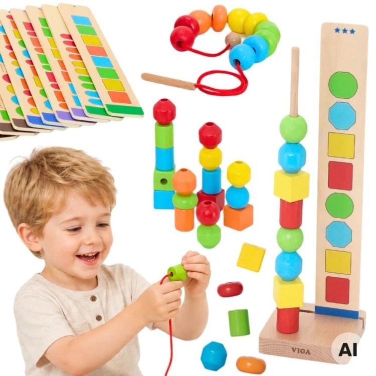 Zestaw drewnianych koralików do nawlekania VIGA Toys z kolorowymi elementami i kartami edukacyjnymi