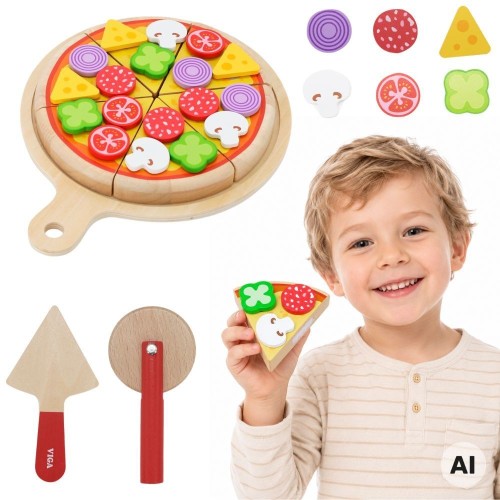 Drewniany zestaw do pizzy Viga Toys z 27 elementami, idealny dla dzieci od 18 miesięcy