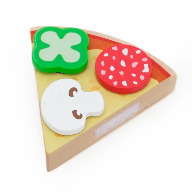 Kolorowe elementy pizzy z drewna - ser, pepperoni i cebula w zestawie Viga Toys
