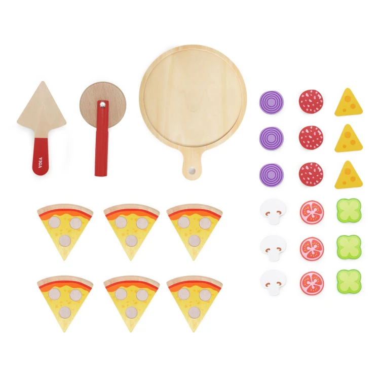 Zabawa w kucharza z drewnianym zestawem do pizzy Viga Toys - dzieci układają pizzę