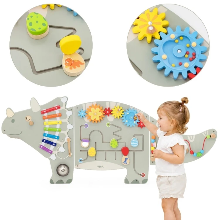 VIGA Ścienny Panel Aktywności Dinozaur Triceratops w szałwiowej zieleni z różnorodnymi elementami manipulacyjnymi
